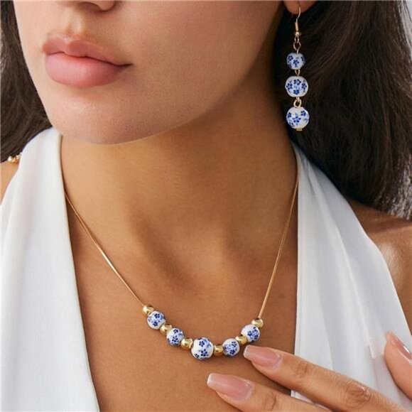 Blue Floral Ceramic Bead Necklace & Earring Set - Picture 2 of 6